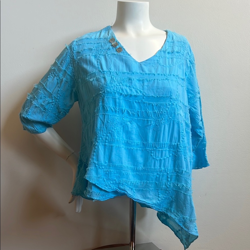 Casual cottonseed Lagenlook Blue Asymmetrical 3/4 Sleeve Blouse